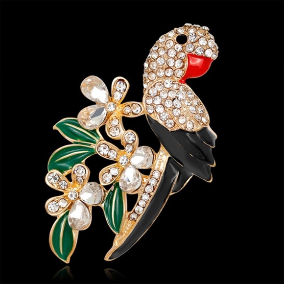 Parrot Brooch Pin Back Crystal Rhinestone Leaves Branches - Pin Back- Detailed - Picture 2 of 7